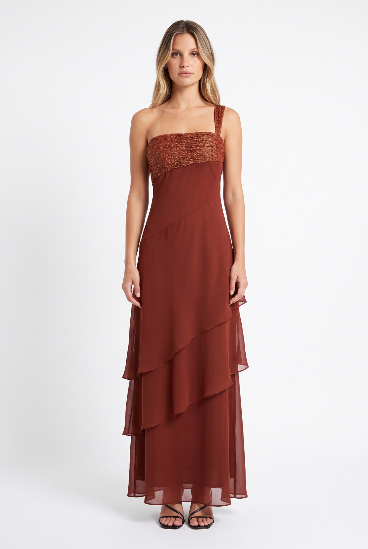 One-Shoulder Cascading Ruffle Maxi Dress