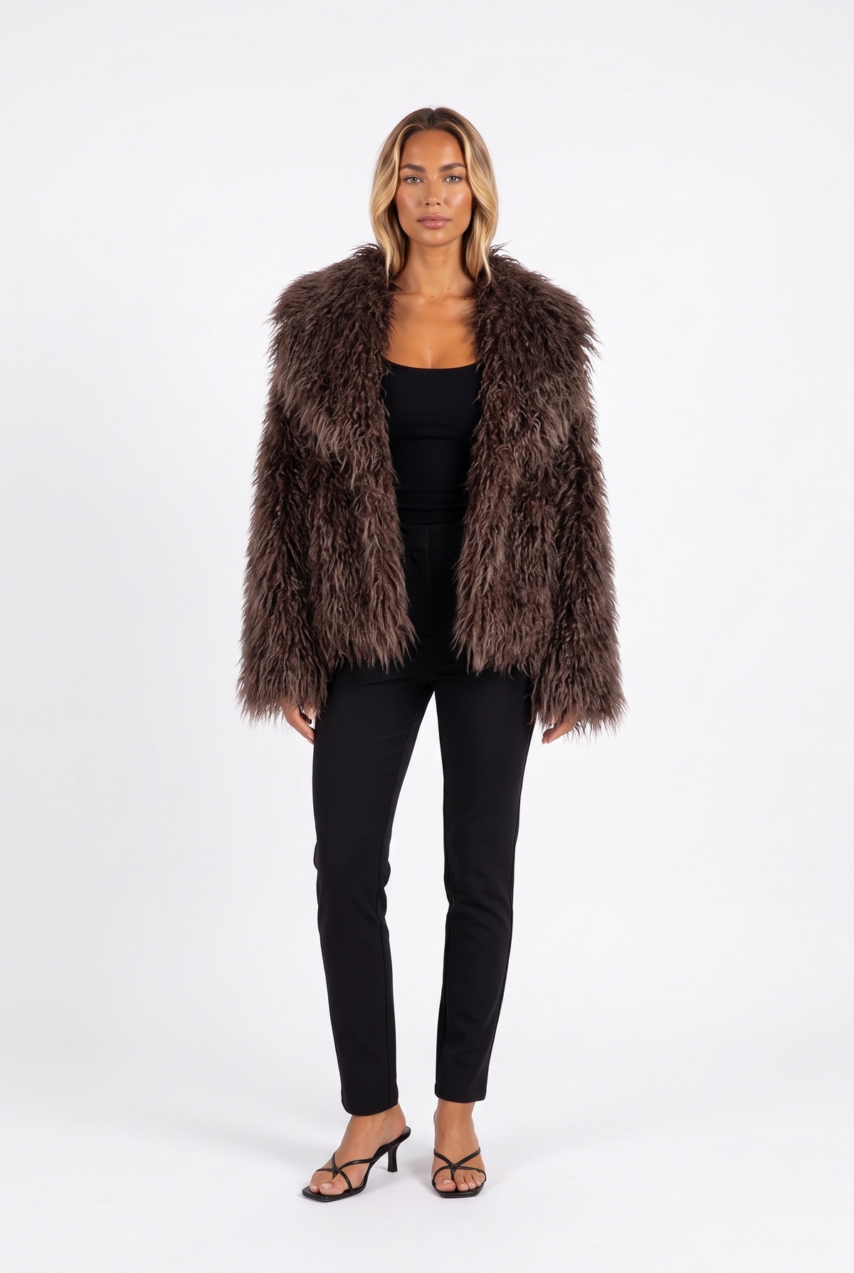 Fluffy Faux Fur Coat with Oversized Shawl Collar