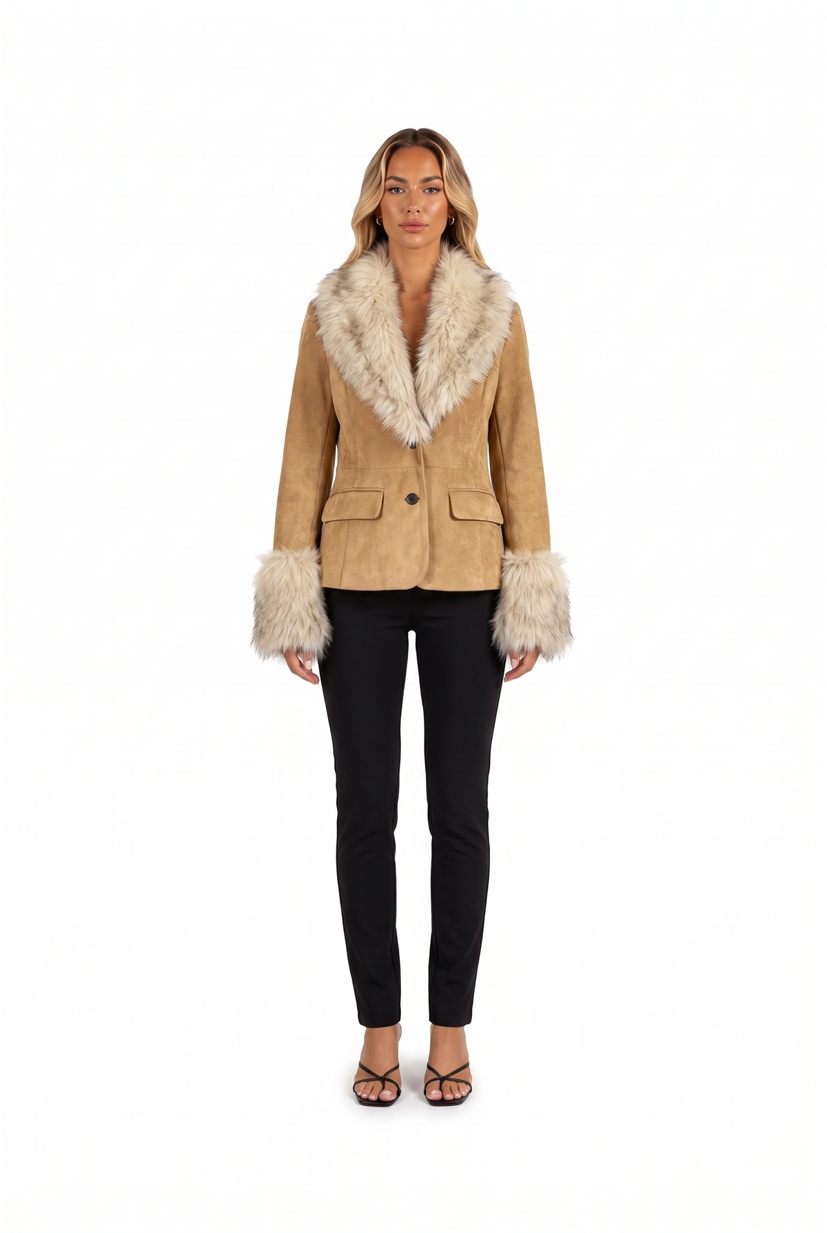 Fitted Faux Suede Blazer with Fur-Effect Trim