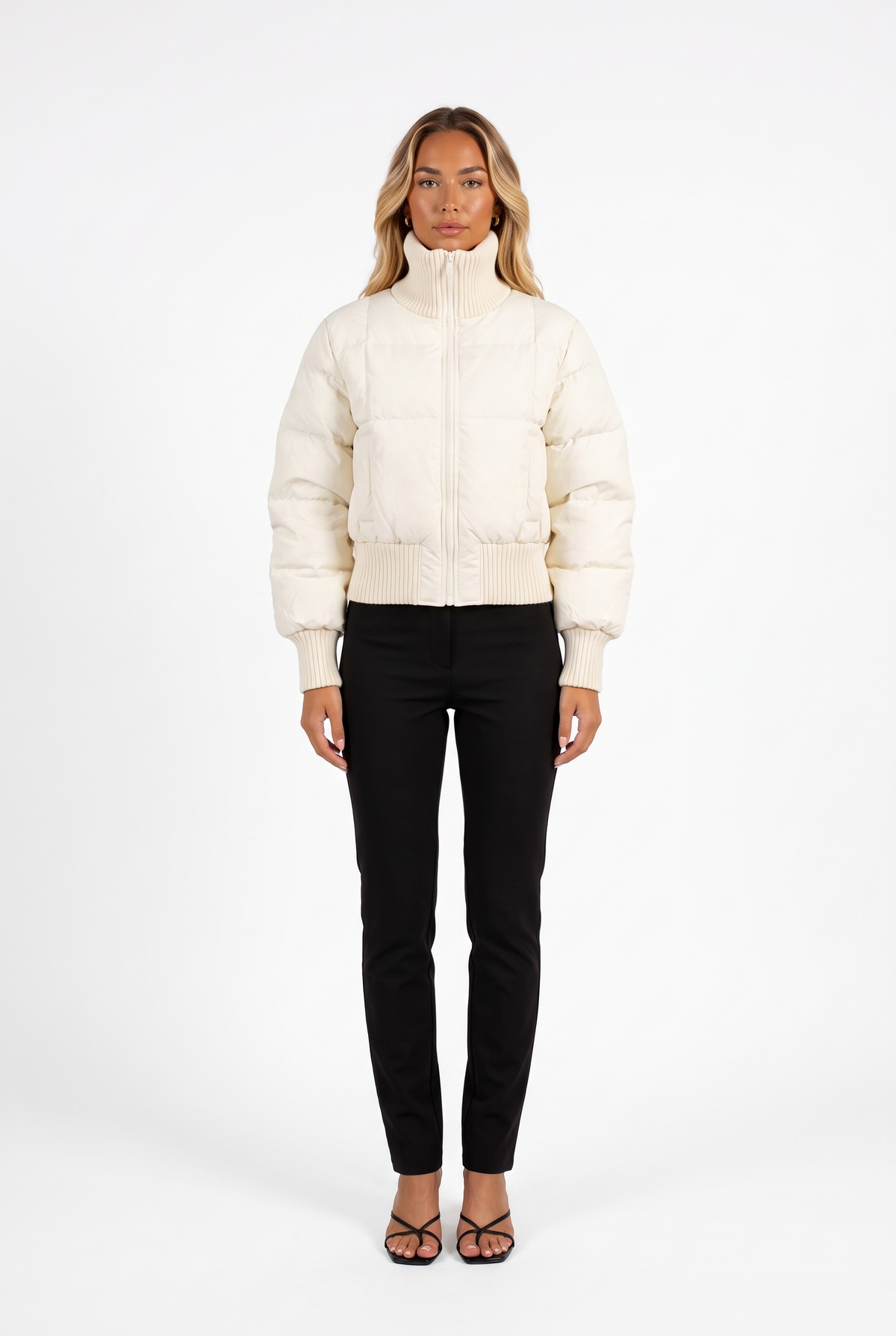 Cropped Puffer Jacket with Ribbed Funnel Collar