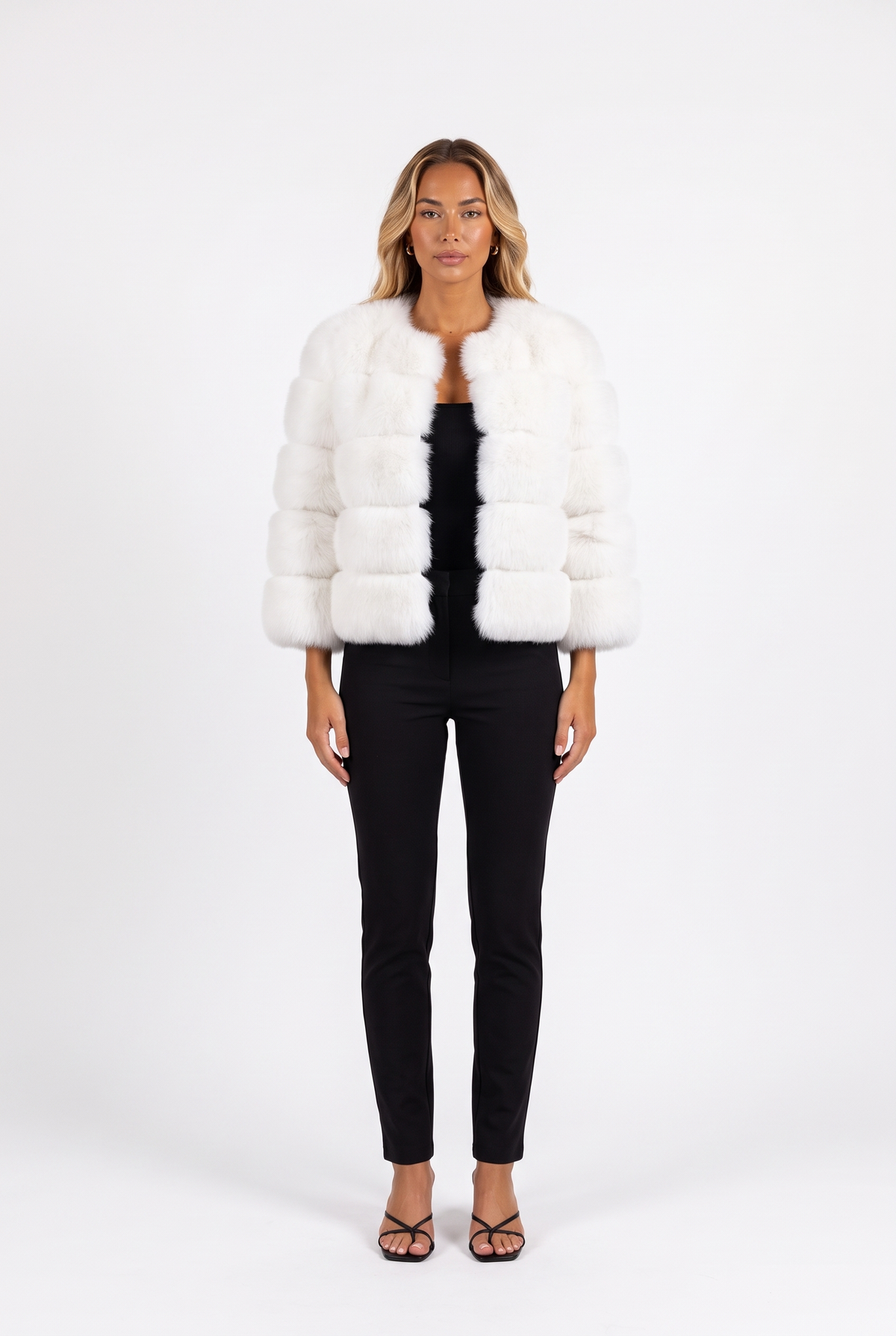 Cropped Faux Fur Jacket with Three-Quarter Sleeves