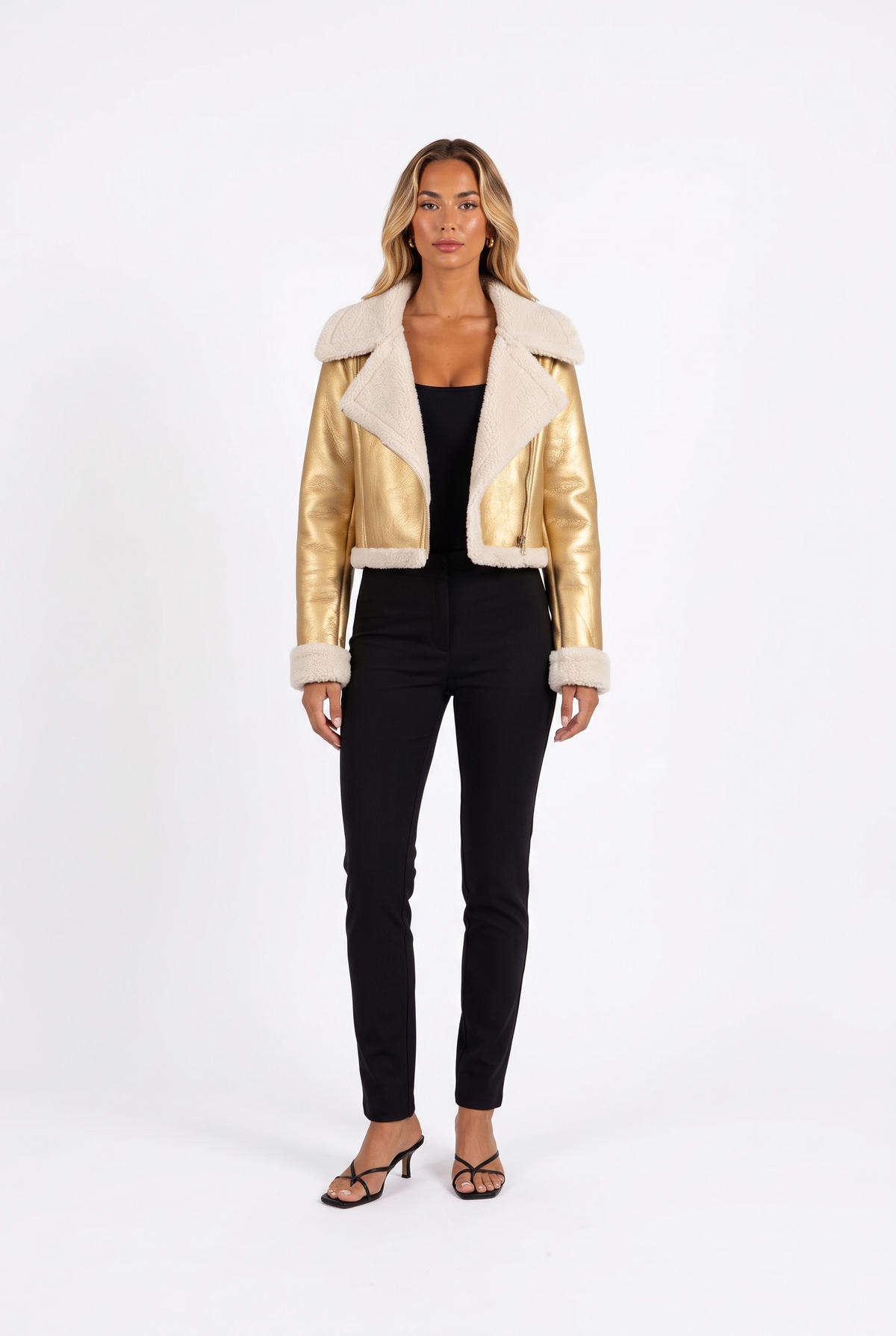 Cropped Moto Jacket with Faux Shearling Trim