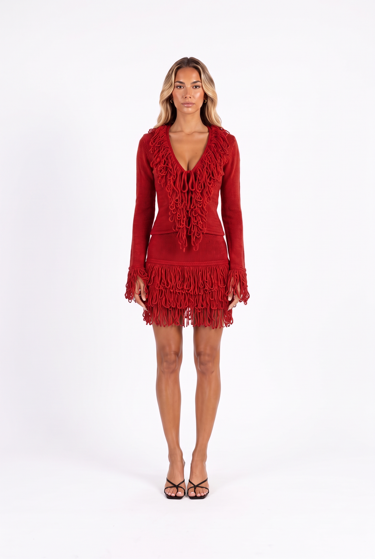 Fringe-Trim Knit Top and Mini Skirt Set