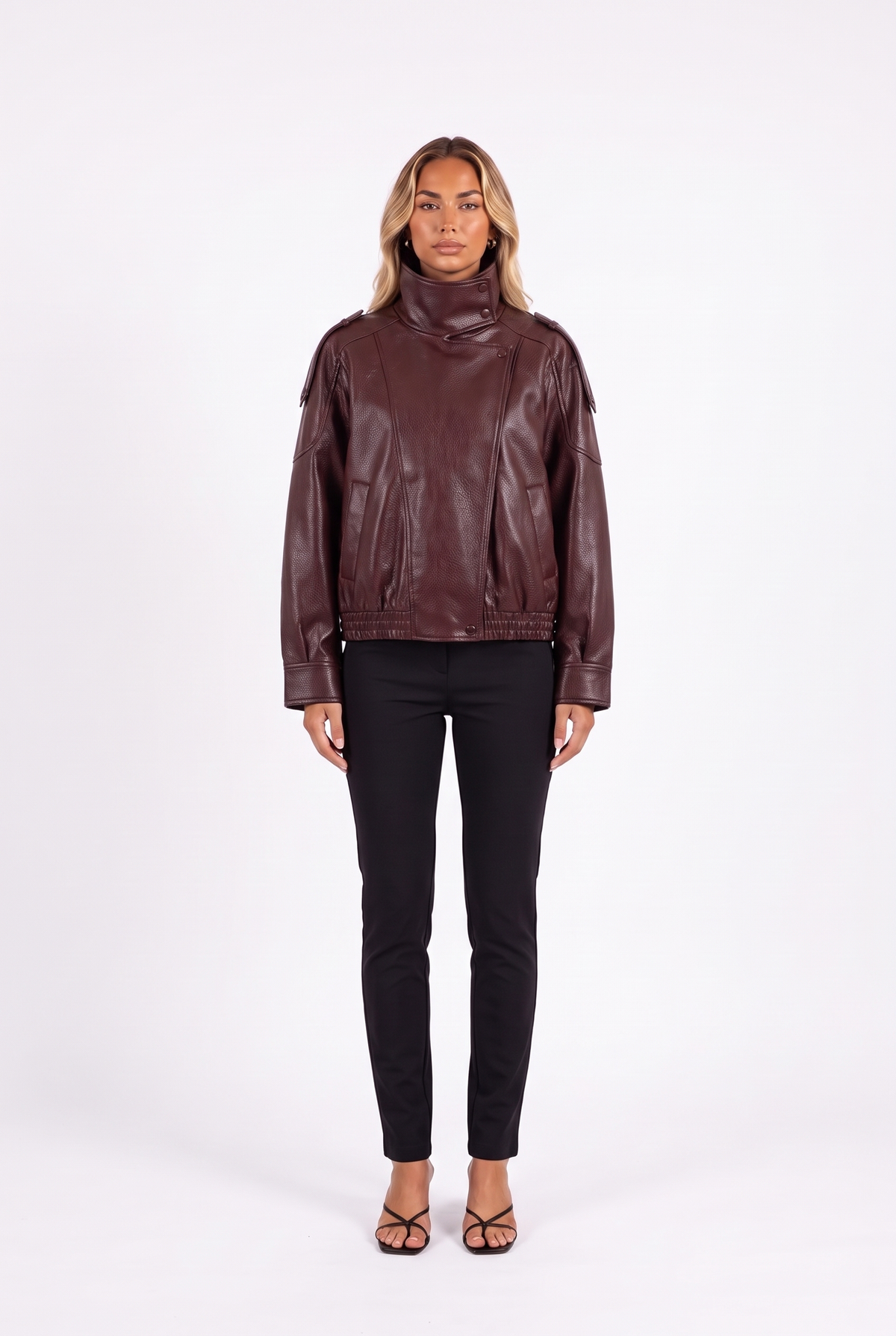 Cropped Faux Leather Bomber with Funnel Collar