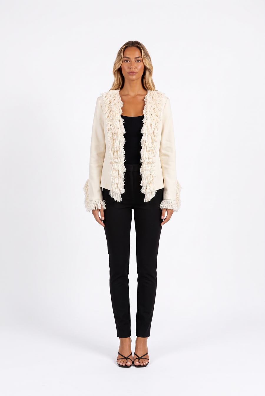Fringe-Trim Open-Front Cropped Jacket