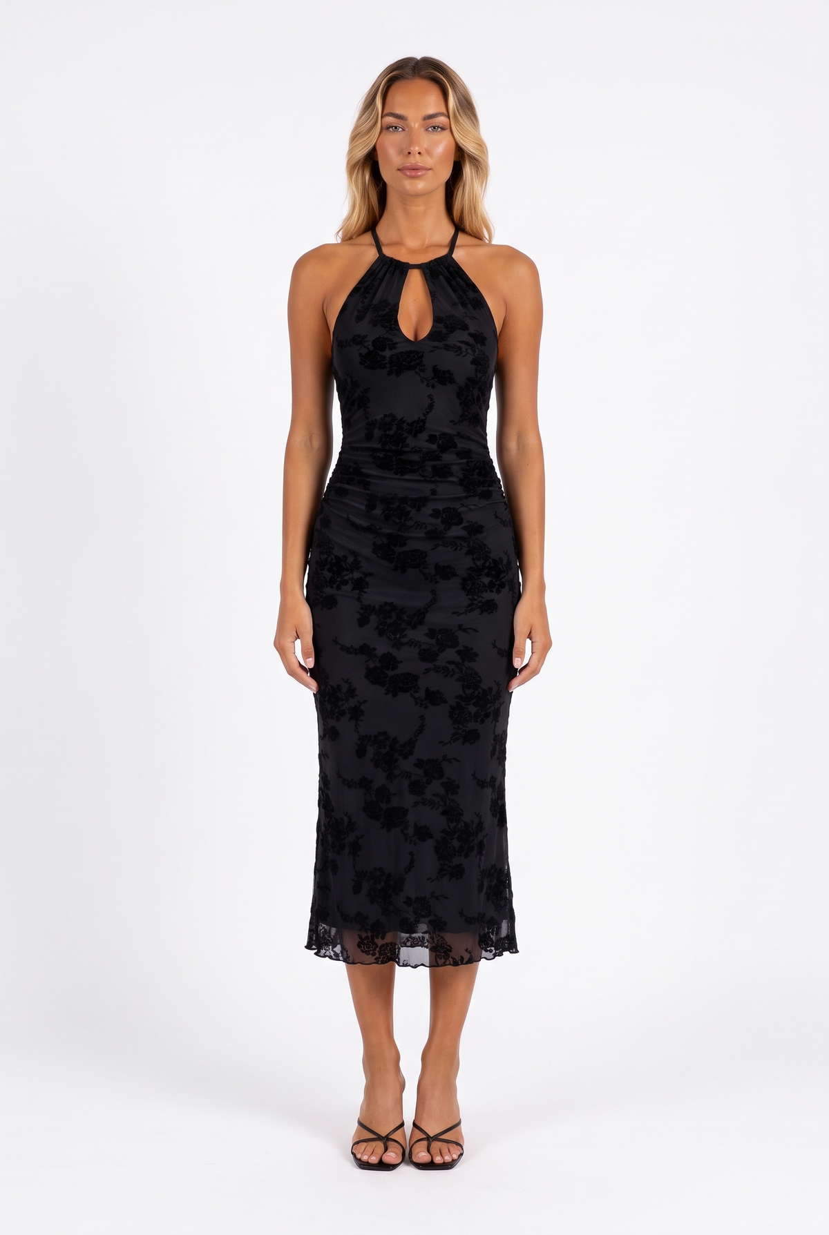 Flocked Floral Halter Midi Dress