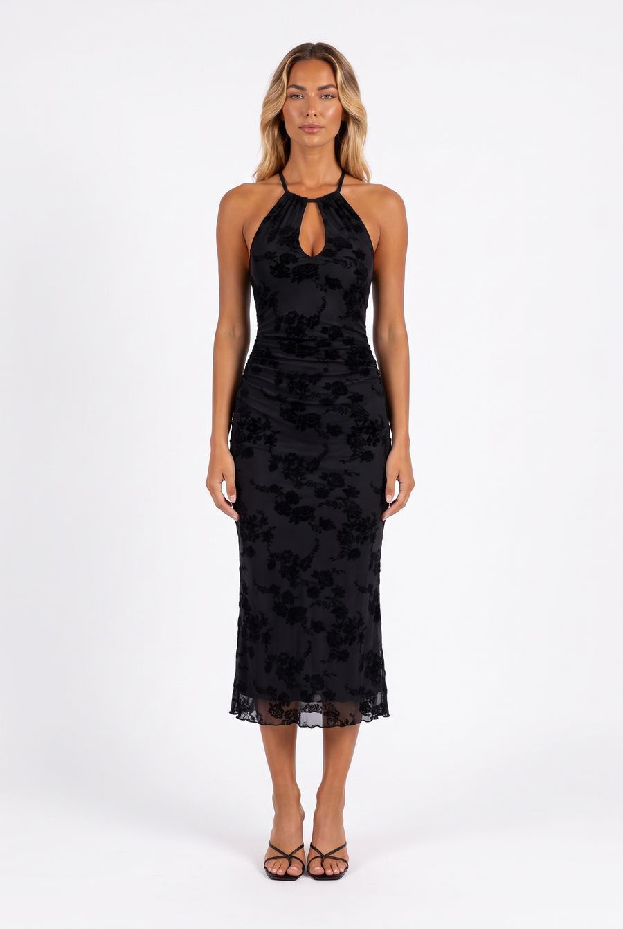 Flocked Floral Halter Midi Dress