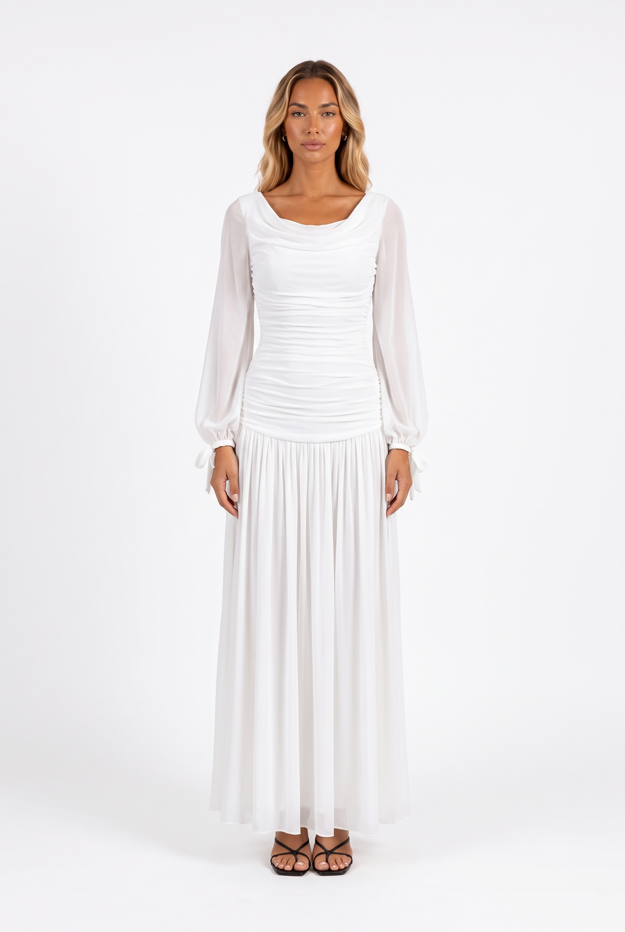 Draped Cowl-Neck Bishop-Sleeve Maxi Dress