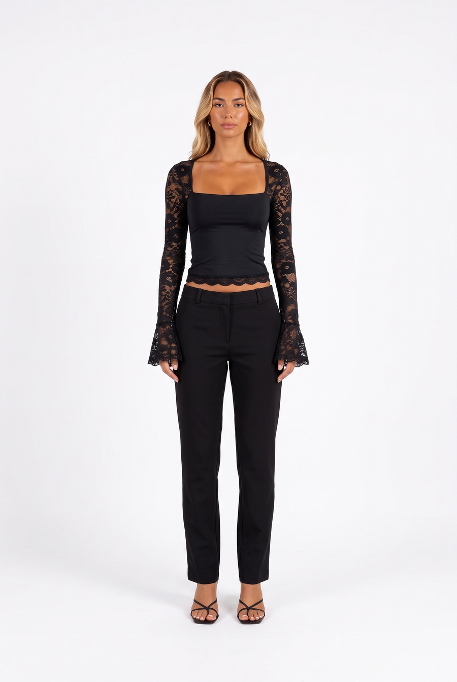 Lace-Trim Square-Neck Flare-Sleeve Top