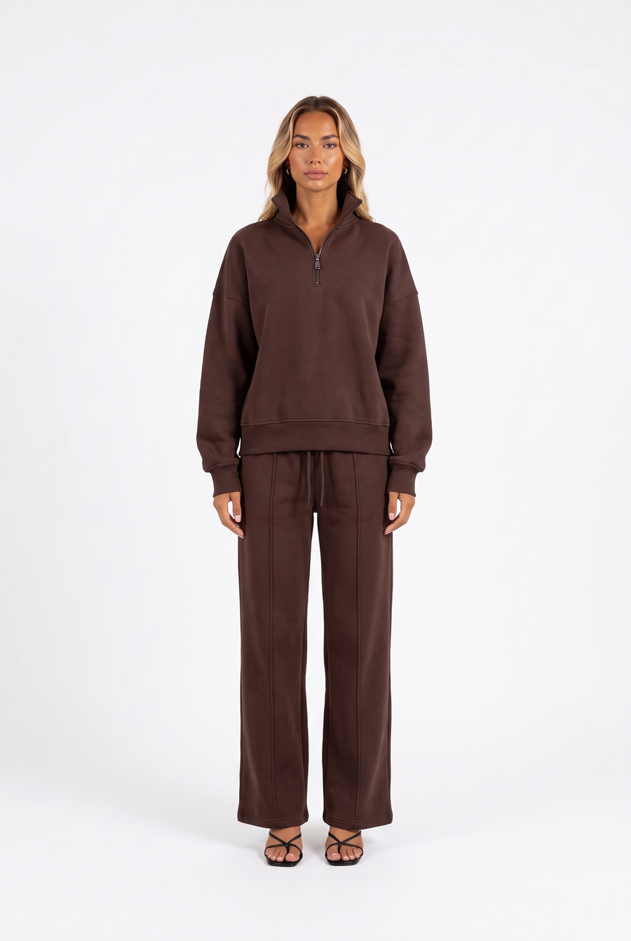 Funnel-Collar Zip Sweatshirt and Wide-Leg Pants Set
