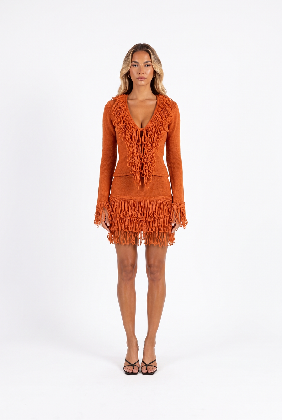 Fringe-Trim Knit Top and Mini Skirt Set