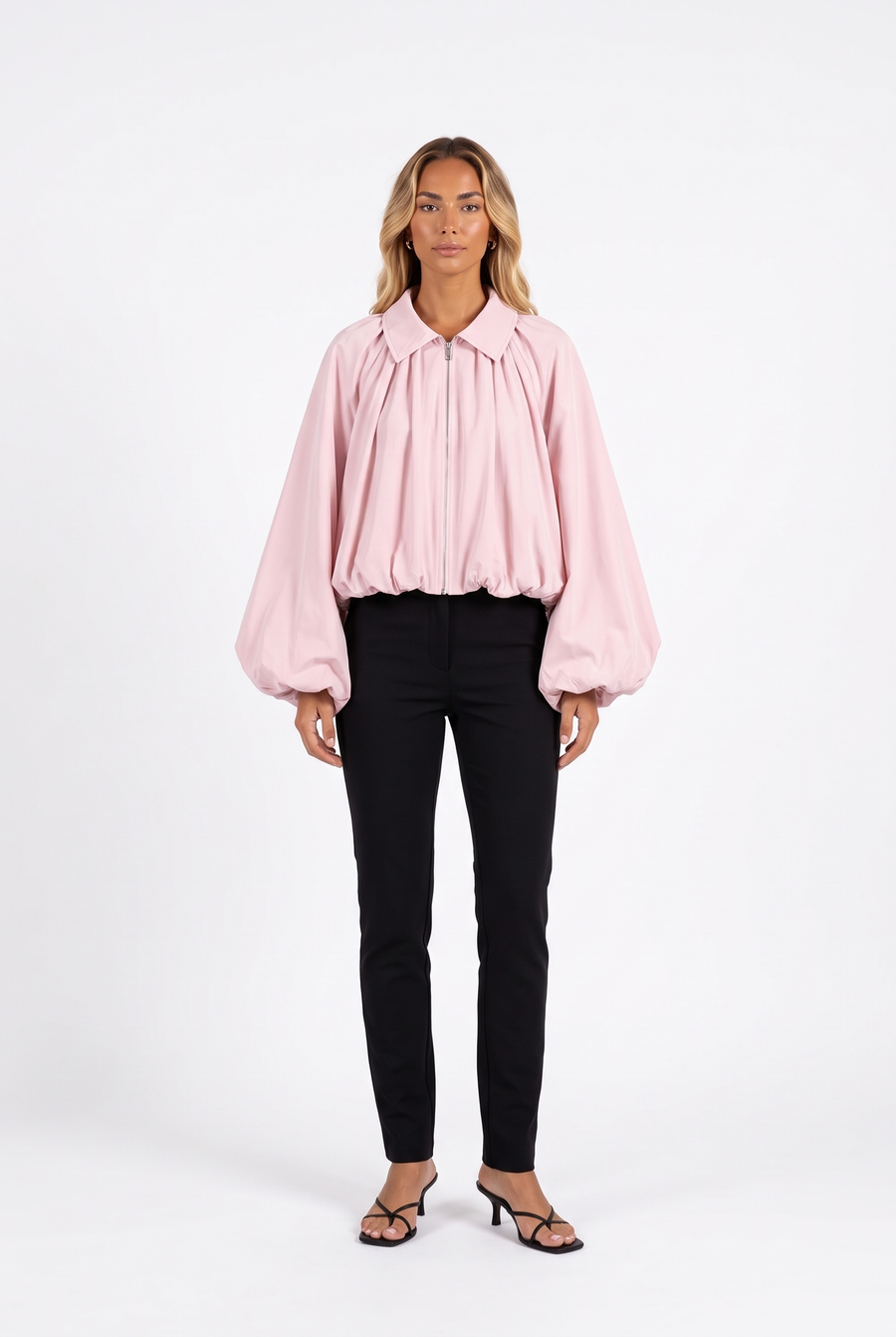 Ruched Puff-Sleeve Zip Bomber Jacket