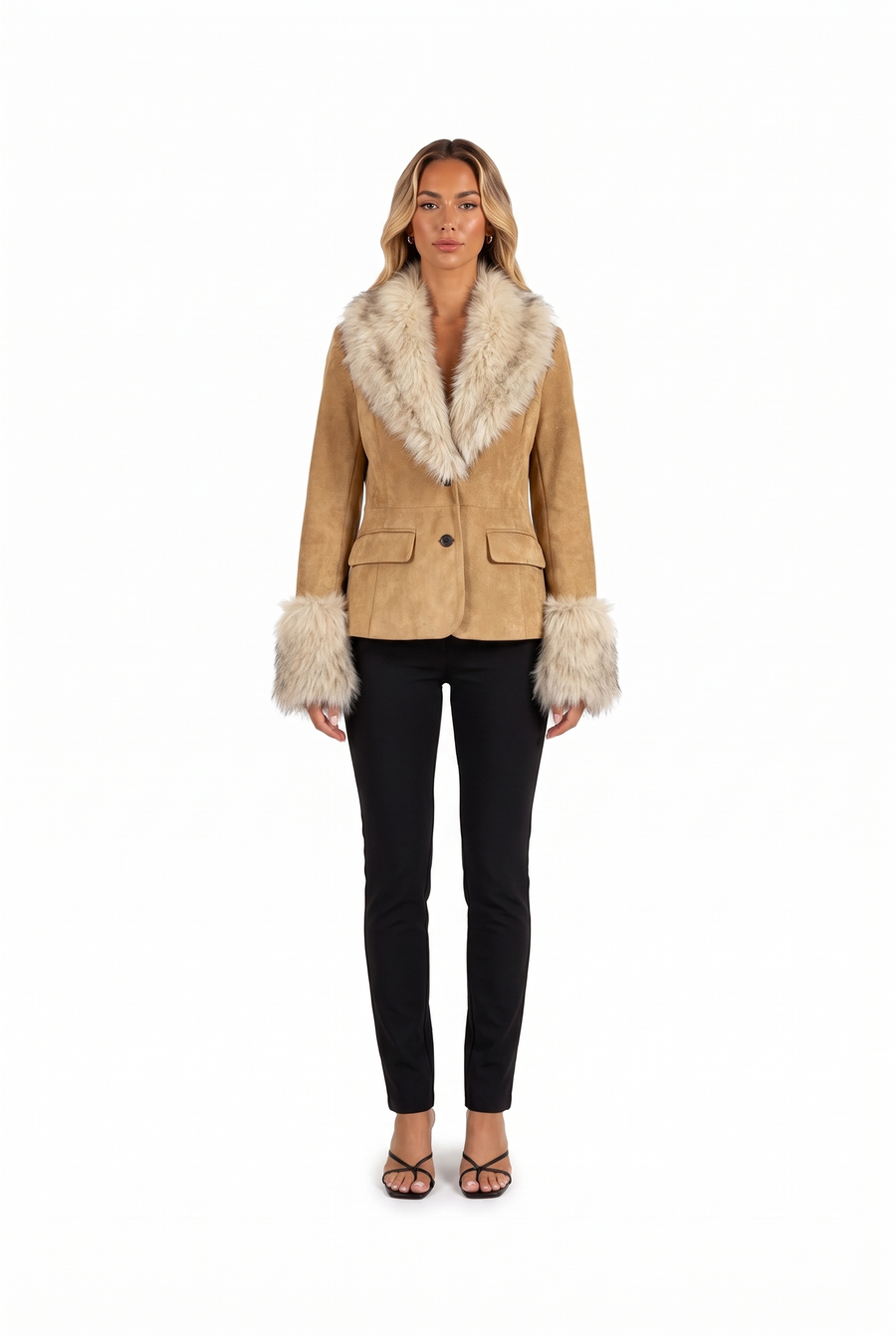 Fitted Faux Suede Blazer with Fur-Effect Trim
