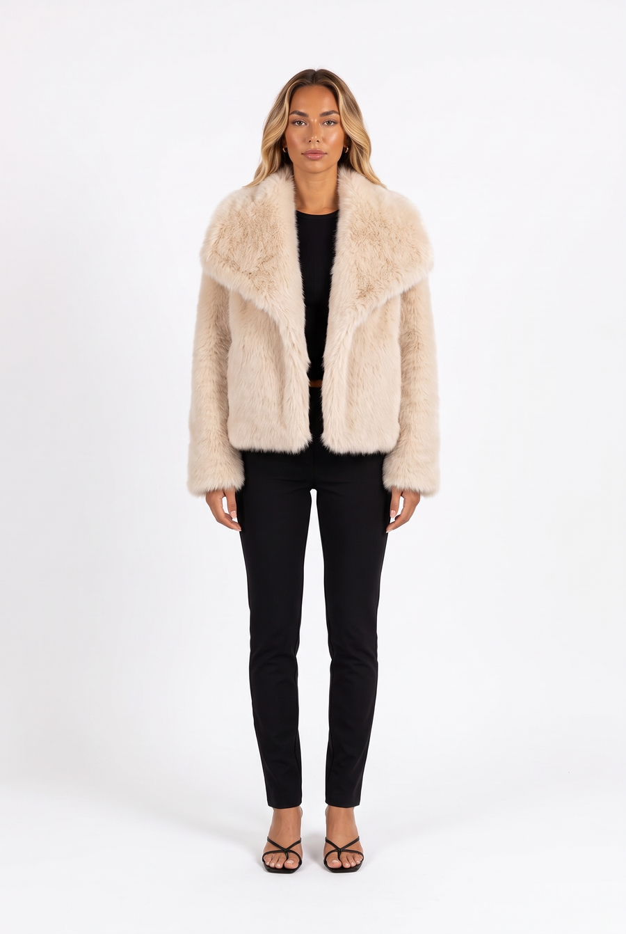 Cream Faux Fur Coat with Oversized Shawl Collar