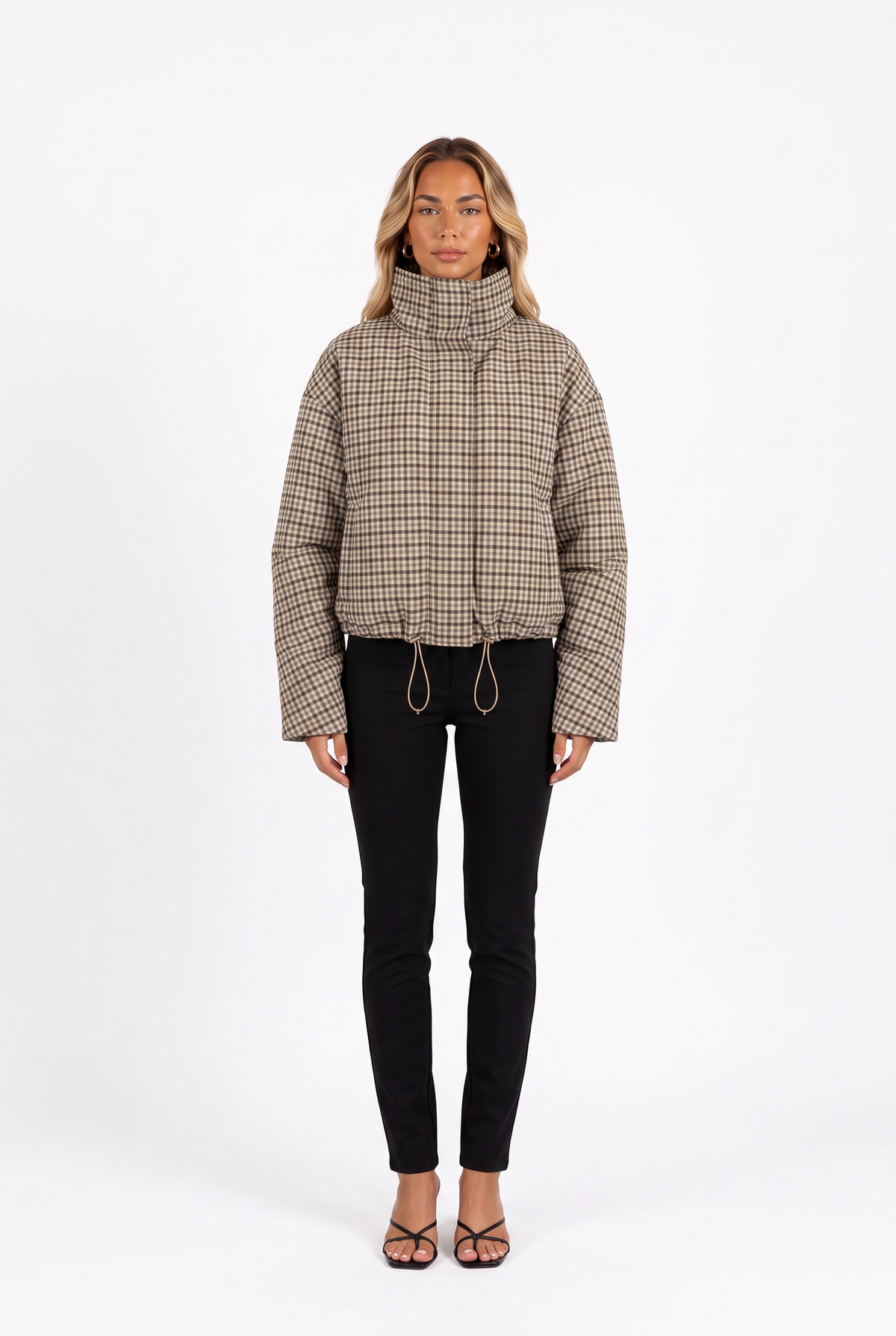 Funnel-Neck Gingham Cropped Jacket