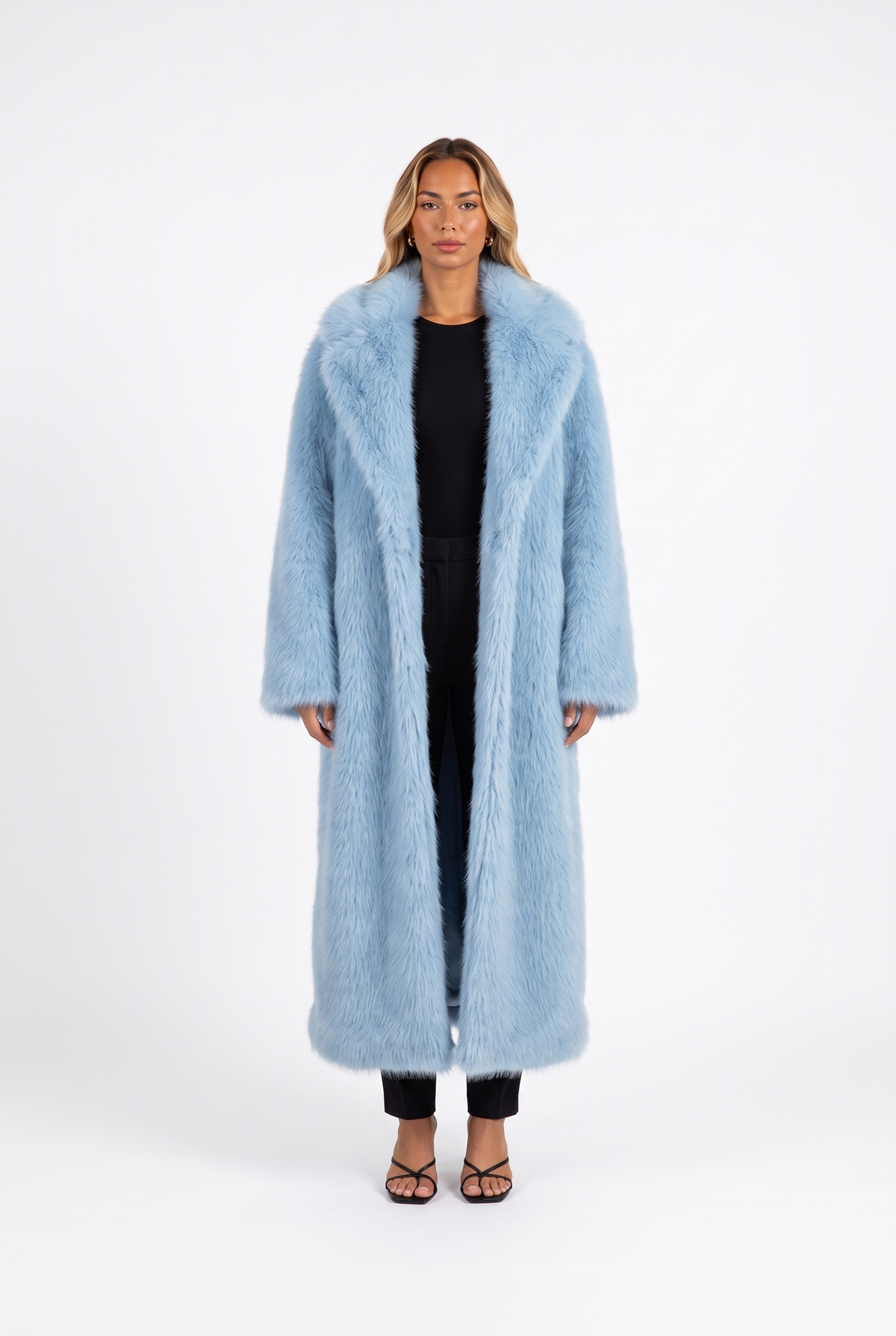 Long Faux Fur Overcoat with Notched Lapels