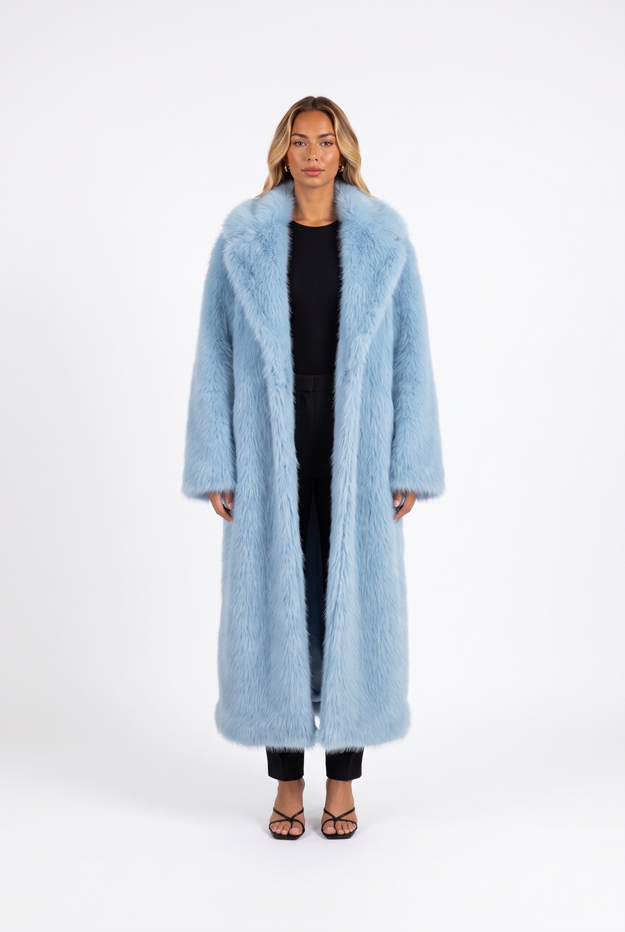Long Faux Fur Overcoat with Notched Lapels