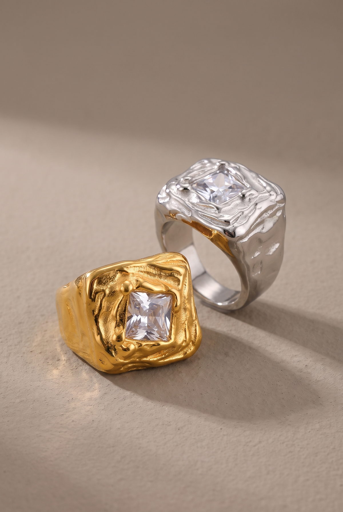 Molten Hammered Square Cubic Zirconia Ring