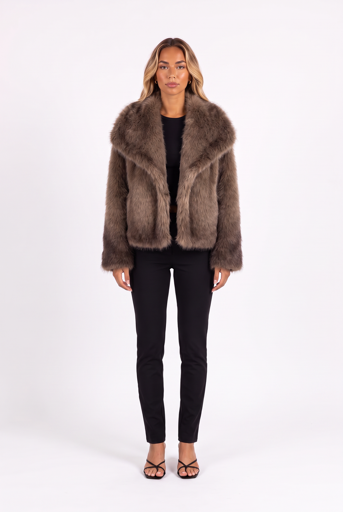 Cream Faux Fur Coat with Oversized Shawl Collar