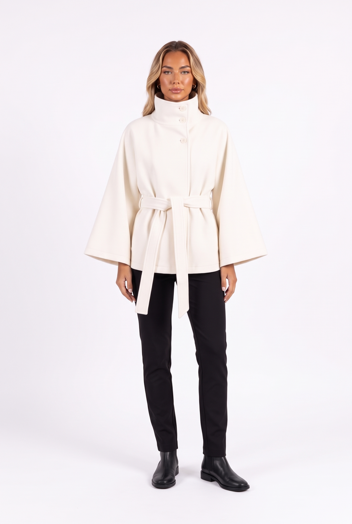 Belted Cape Jacket with Funnel Collar