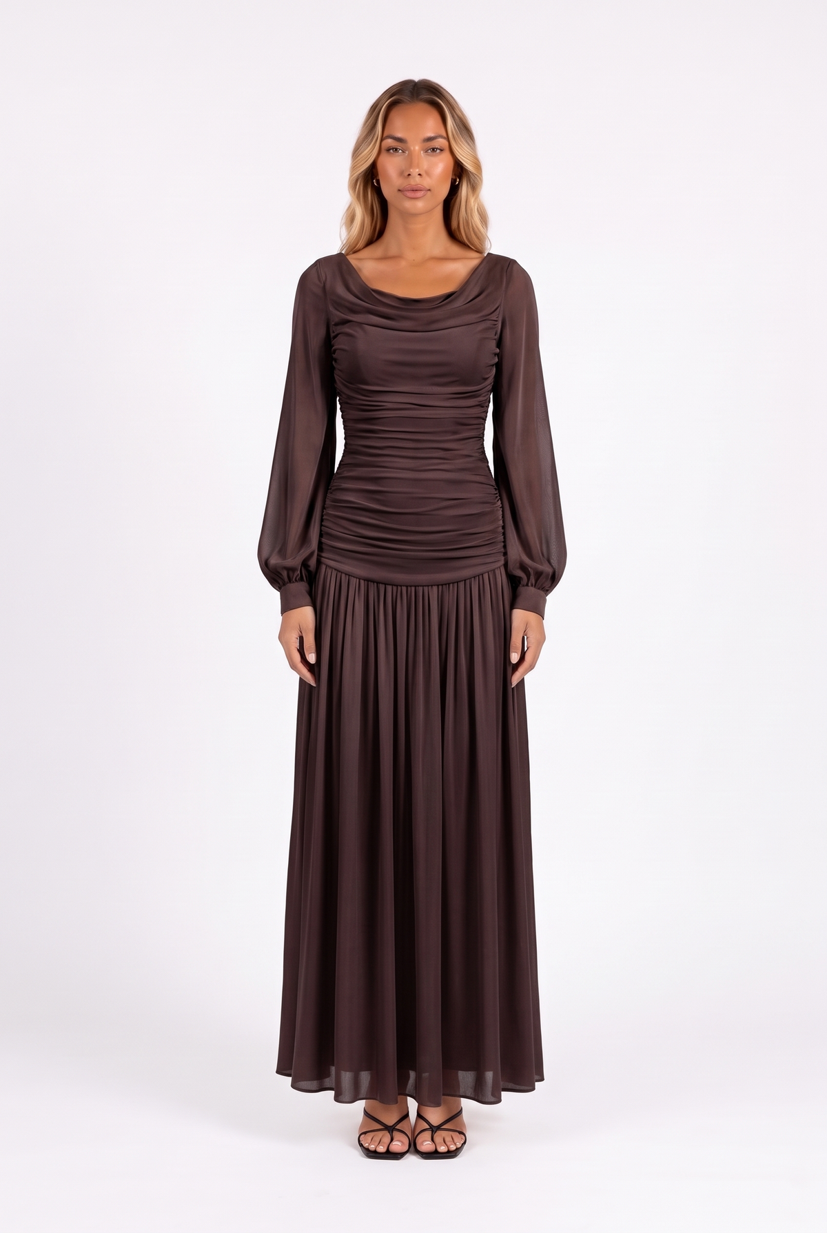 Draped Cowl-Neck Bishop-Sleeve Maxi Dress
