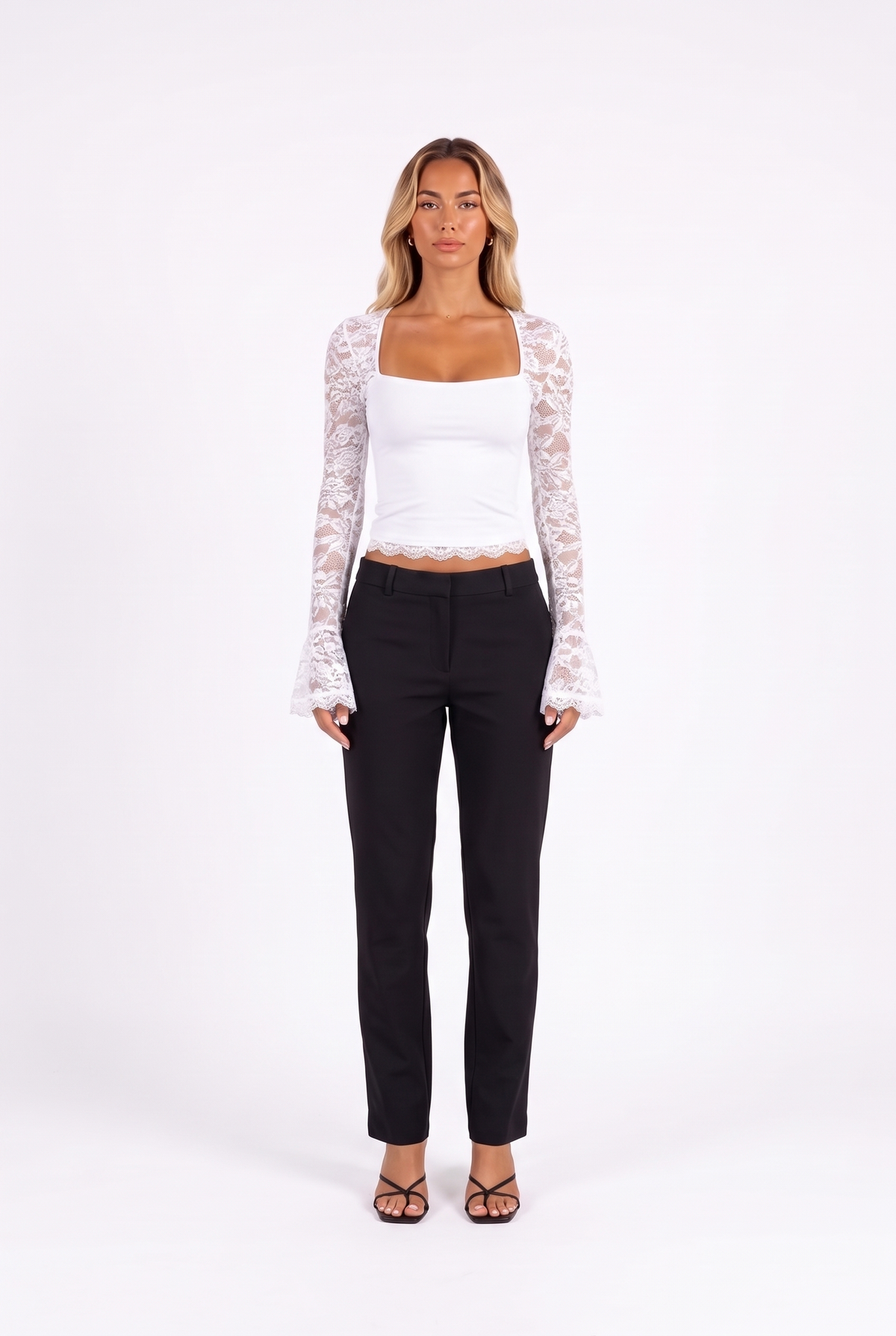 Lace-Trim Square-Neck Flare-Sleeve Top