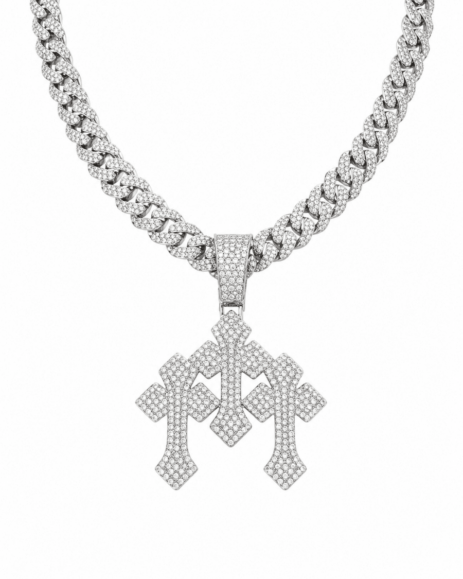 Triple Cross Iced Pendant Silver